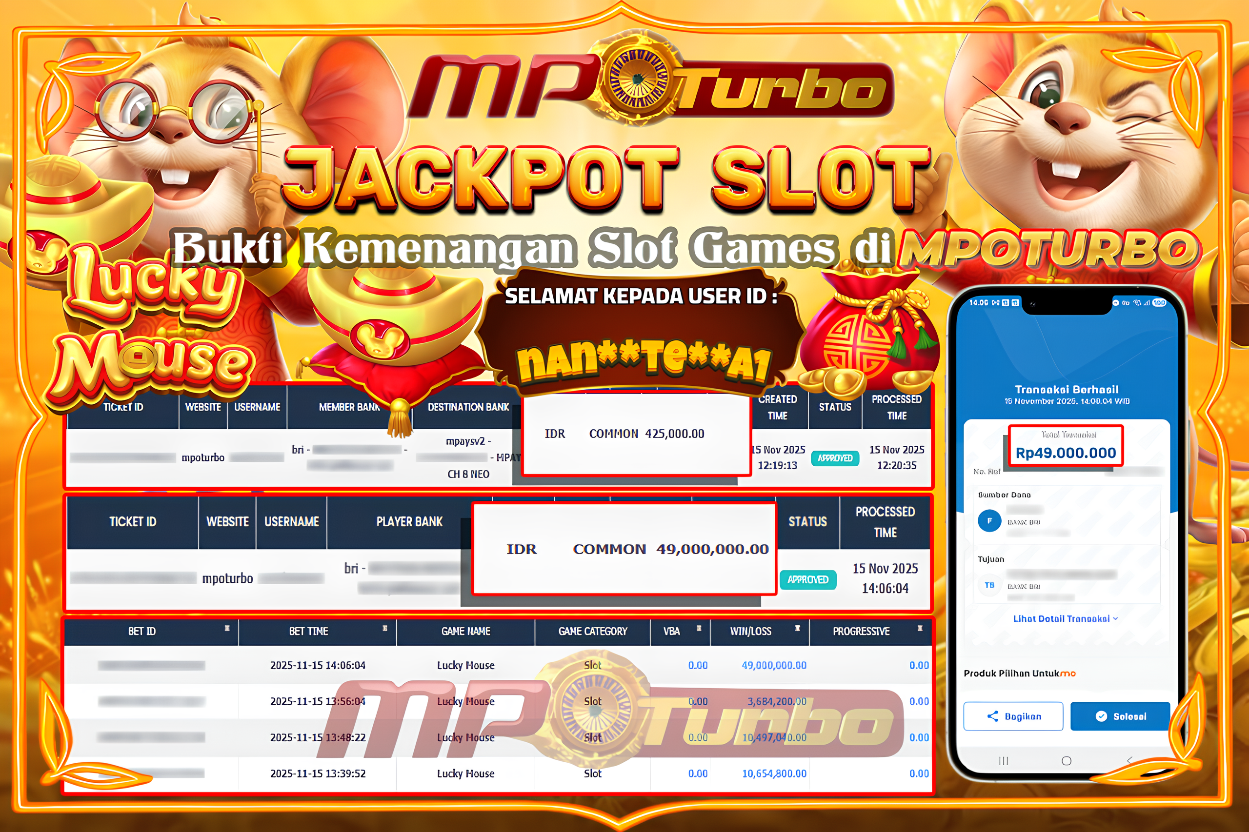 MPOTURBO JACKPOT LUCKY MOUSE - FAT PANDA Rp 49,000,000.00,- LUNAS